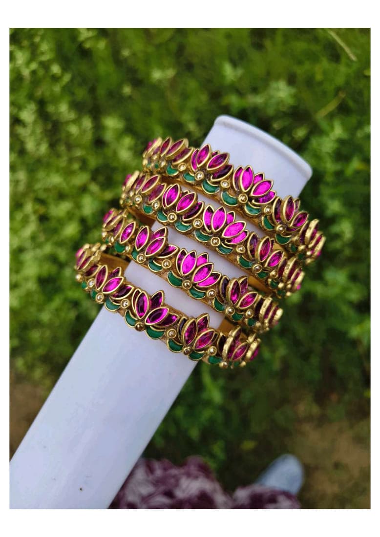 Lotus bangles ( Pink with green leaves)